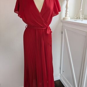 Women's Red Wrap Maxi Dress with Pleated Skirt
